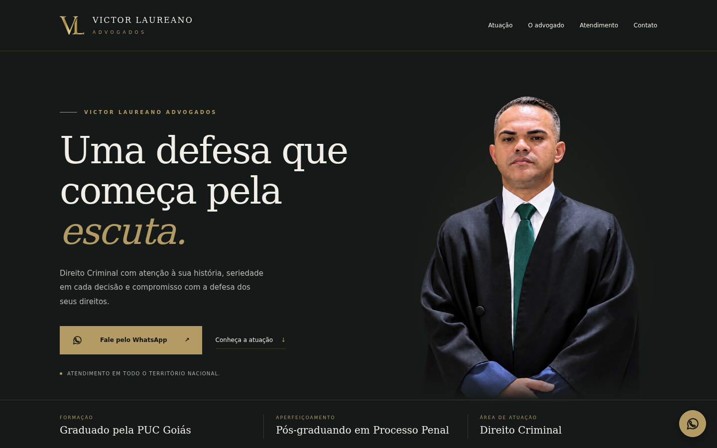 Página inicial do site Victor Laureano Advogados, com retrato do advogado e mensagem de apresentação